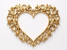 Abstract Design For Celebratory. Shiny Gold Heart Decoration In Vintage Style. Luxurious Symbol Of Love On Isolated White Background