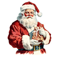 Vintage Christmas Badge With Cartoon Santa Claus Holding A Present. Retro Illustration, Vintage Santa Claus