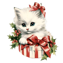 Watercolor Cute Funny Kitten Christmas Winter. Isolated On White Background. Hand Drawn Illustration Sketch. Retro Style