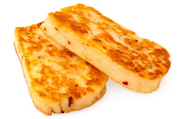 Two fried slices of halloumi cheese with red chilli isolated on white.