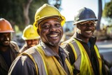 Fototapeta Nowy Jork - Group of african american consturction workers working on a construction site in Los Angeles