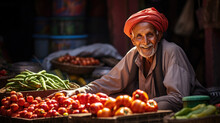 Happy Indian Or Pakistani Man With Turban Selling Vegetables On Street Market