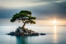 A Majestic And Lone Tree Standing In Water - AI Generative