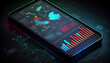 © PixxStudio - Phone with display Application of Smartphone with business graphs and analytics data on an isometric mobile phone. Analysis trends and software development coding process concept, Ai generated image