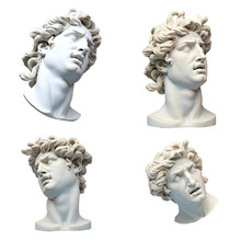 5 Different Views Of A Classic White Marble Head Sculpture In Digital 3D Rendering.