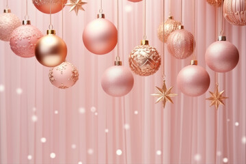 Poster - Luxury Pink gold Christmas baubles wallpaper background.  Trendy Holiday decoration