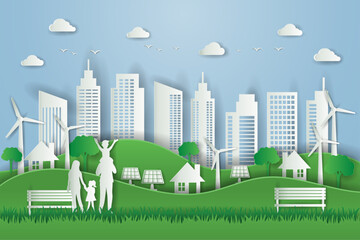 Wall Mural - green eco city with happy family background. ecology environmentally Friendly concept. save the world in paper craft style. vector illustration in flat style modern design.