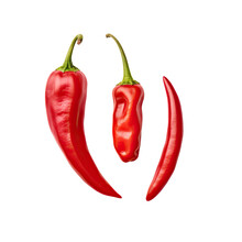 Isolated Chili Pepper, Whole And Cut Red Hot Peppers. Clipped.