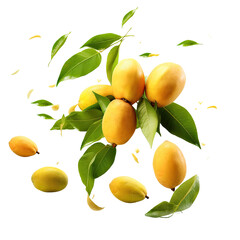 Poster - High resolution image of fresh ripe mango with falling leaves, illustrating food levitation concept.