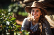 Woman working on a coffee farm  photo with empty space for text 