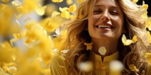 A Woman Is Smiling And Surrounded By Yellow Flowers. AI.