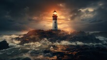  A Lighthouse On A Rock In The Middle Of The Ocean.  Generative Ai