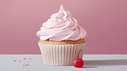 Wall Mural -  a cupcake with pink frosting and a cherry on the side.  generative ai