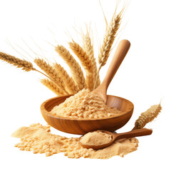 Sticker - Wheat grain and wheat bundle in wooden scoop. Representing food supply, vegetarian diet, and nutrients.