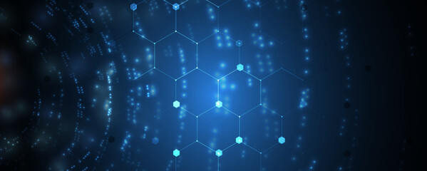 Technology banner design with hexagons abstract background.