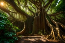 A Big Majestic Banyan Tree In A Lush Jungle With A Beautiful Cascading Waterfall - AI Generative