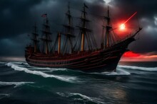 A Black Ship Rising Up The Seas On A Devilishly Stormy Afternoon - AI Generative