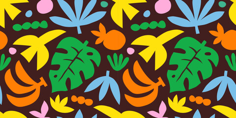 Abstract summer art seamless pattern with colorful nature doodles. Organic flat cartoon background, tropical vacation shapes in bright childish colors. Floral hawaiian print, exotic travel texture.