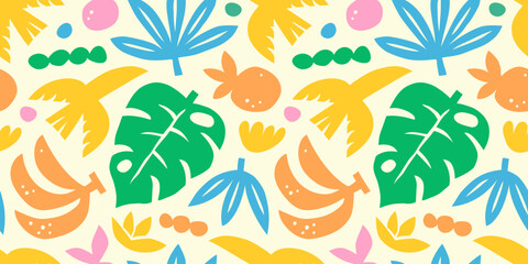 Wall Mural - Abstract summer art seamless pattern with colorful nature doodles. Organic flat cartoon background, tropical vacation shapes in bright childish colors. Floral hawaiian print, exotic travel texture.