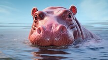  A Hippopotamus Swimming In The Water With Its Head Above The Water.  Generative Ai