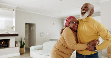 Wall Mural - Happy, dance and a senior couple with a hug, crazy together and funny in marriage. Smile, house and a laughing man and woman with love, care and music in the living room for celebration or relax