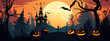 © LoveSan - Halloween pumpkins, bats, a cemetery and a scary castle against the backdrop of a spooky big orange moon. Festive flyer, poster or banner. Vector illustration.