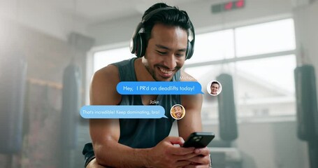 Sticker - Chat, music and man at the gym with a phone for communication, contact and networking. Happy, fitness and an Asian person with a mobile app for conversation, streaming podcast or training motivation