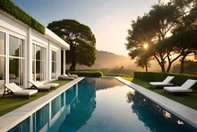 Hotel Swimming Pool, A Grand Villa Stands Amidst A Lush Landscape, Its White Façade Gleaming Under The Sunlight