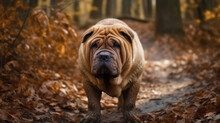 Shar Pei's Autumn Journey. Exploring Autumnal Beauty With A Muddy Canine Companion. AI Generative
