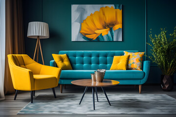 yellow accent chair Retro interior design of living room ai generated