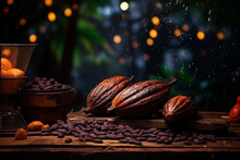 Fruit Of The Cocoa Tree. Cocoa Beans. Chocolate. Banner. Beautiful Bokeh Background With Garland