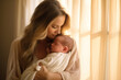 Mother holding the newborn baby in a warm sunny room, on illuminated window background.
