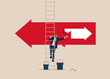 Businessman climb up ladder to paint a arrow сhange to opposite direction. Decision to change to better opportunity. Vector illustration