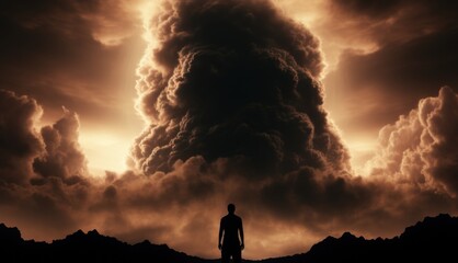 Sticker - A man standing in front of a huge cloud. AI.