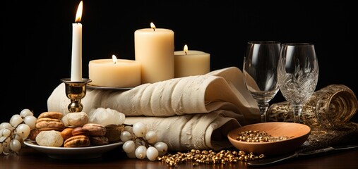 Poster - A table topped with candles and a plate of food. AI.