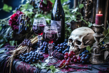 Wall Mural - Still life of skull, wine bottles, glasses, roses and grapes, vanitas, memento mori, Halloween, gothic decor