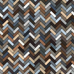 Wall Mural - Seamless geometric chevron pattern. Tiled surface with rectangle shape tiles on a black background. Herringbone design. Floor mosaic style. Blue, grey, white, and brown colors. Vector illustration.