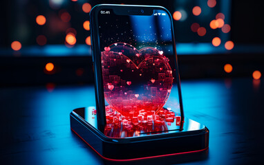 mobile phone that displays a heart in 3d, love