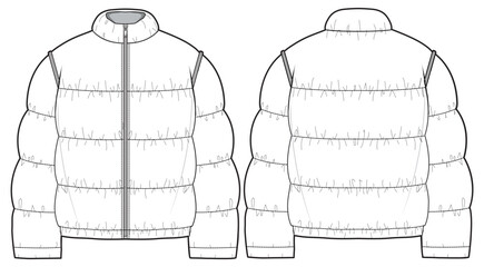 Wall Mural - Puffer jacket design flat sketch Illustration front and back view vector template, Quilted  Puffa winter Jacket for men and women