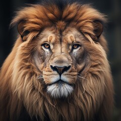 Wall Mural - Close-up shot of the head of a majestic lion looking directly at the camera