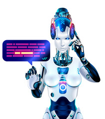 Fototapete - Internet Bot chatgpt in image robot woman. online chatbot cyborg. AI chat bot gpt. Artificial intelligence internet technology