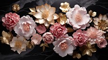 An alluring image showcasing a dark marble background embellished with golden lotus patterns, accompanied by clusters of elegant baby pink peonies and golden roses. Wallpaper, fashion. Generated AI. 
