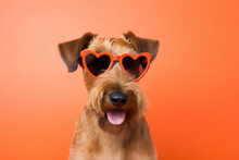 Portrait Irish Terrier Dog With Heart Shaped Sunglasses Orange Background . Irish Terriers, Heart Shaped Sunglasses, Portrait Photography, Pet Dogs, Orange Background, Dog Breeds, Canine Accessories