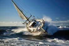 Sailboat Crashes In A Ocean Clear Sky . Sailboat, Ocean, Clearsky, Safety, Prevention, Damage, Rescue, Equipment