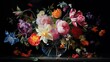 An oil painting of a still life arrangement, showcasing a bouquet of vibrant flowers in a crystal vase, set against a dark and moody background. Floral wallpaper texture. Generative AI. 
