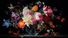 An Oil Painting Of A Still Life Arrangement, Showcasing A Bouquet Of Vibrant Flowers In A Crystal Vase, Set Against A Dark And Moody Background. Floral Wallpaper Texture. Generative AI. 