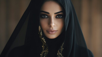 Close-up portrait of a beautiful Muslim woman in a black veil with gold. Oriental beauty, fashion. Makeup and cosmetics. 