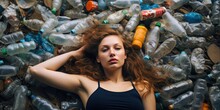 A Woman Sunbathing On A Beach Littered With Plastic Bottles And Rubbish, , Environmental And Recycle Concept. ESG. Green Energy, Sustainable Industry. Ecological Sustainability. Generative AI.