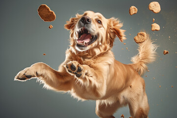 Wall Mural - Dog catching a biscuit. AI generated