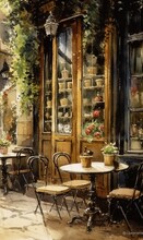 Watercolor Of A Typical French Cafe In Paris From The Early 19th Century. Generative AI.